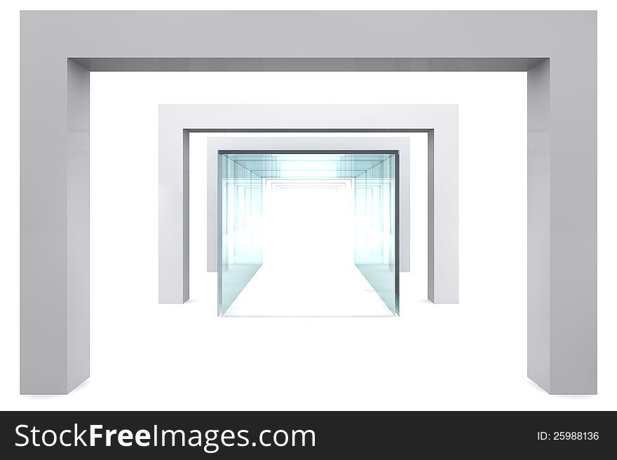 Empty glass showcase in grey room with columns