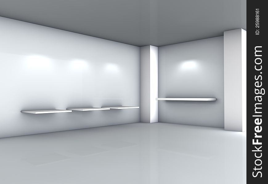 3d shelves and spotlights for exhibit in the grey interior