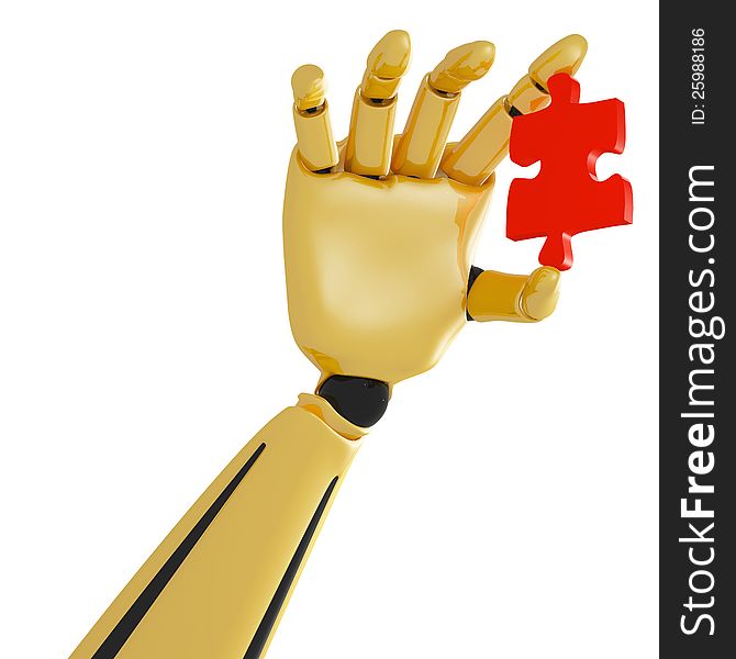 3d golden robotic hand with red puzzle