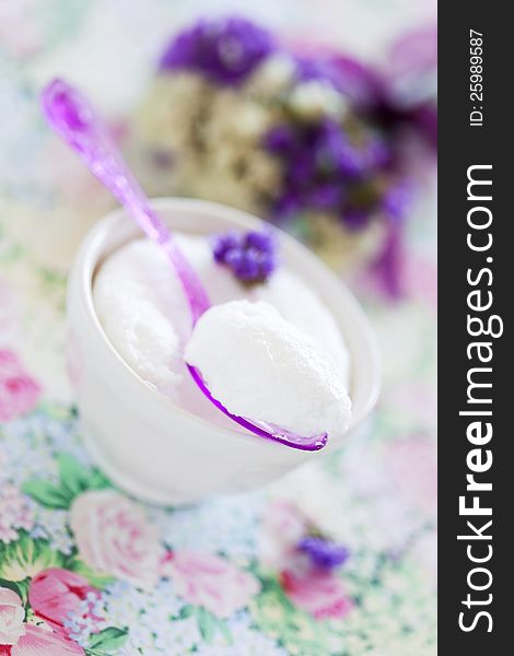 Meringue dessert with lavender, selective focus