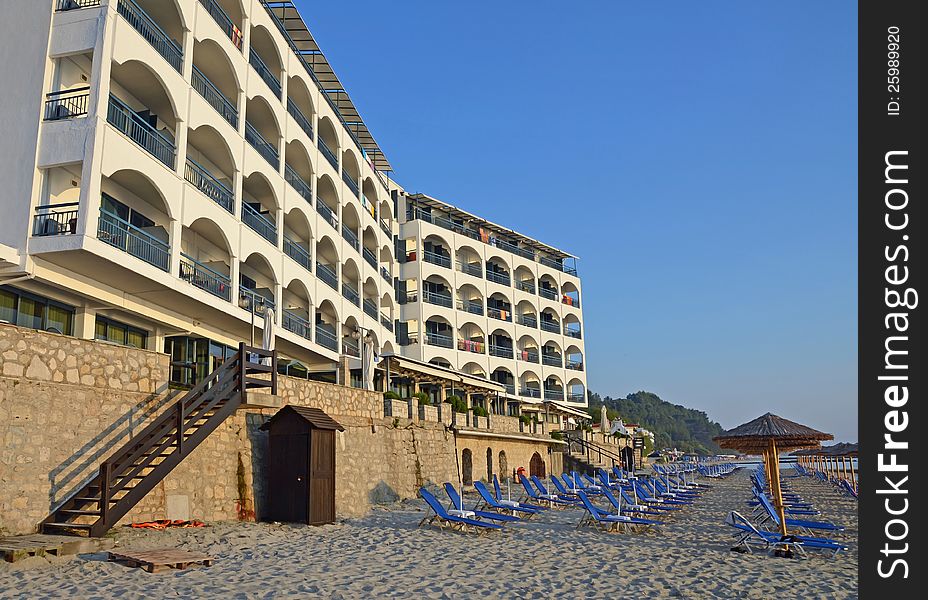 Amon Zeus hotel on the beach in Kalitheea resort in Kassandra, Greece. Amon Zeus hotel on the beach in Kalitheea resort in Kassandra, Greece