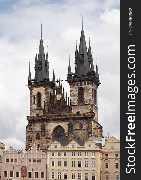 Church Of Our Lady Before Tyn under cloudy sky, Prague, Czech Republic