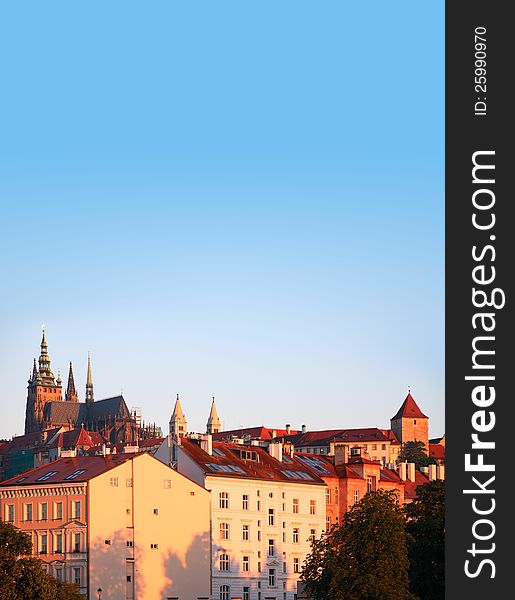 View of Prague city at dawn under blue sky with St. Vitus Cathedral in left side. Europe, Czech Republic. View of Prague city at dawn under blue sky with St. Vitus Cathedral in left side. Europe, Czech Republic