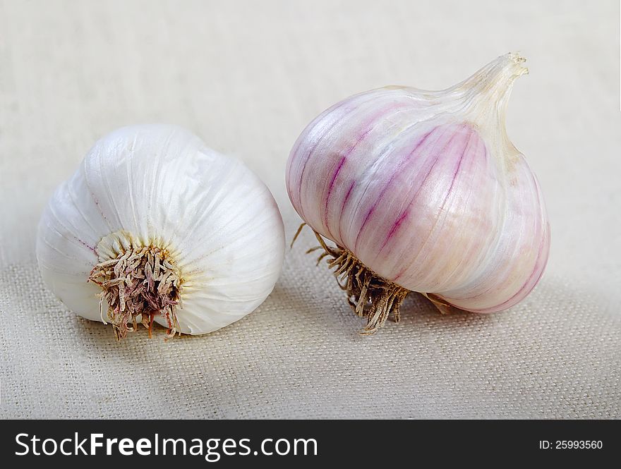 Fresh garlic on sacking closeup