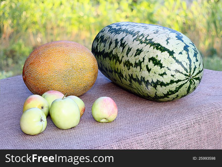 Watermelon and melon on the table in the garden