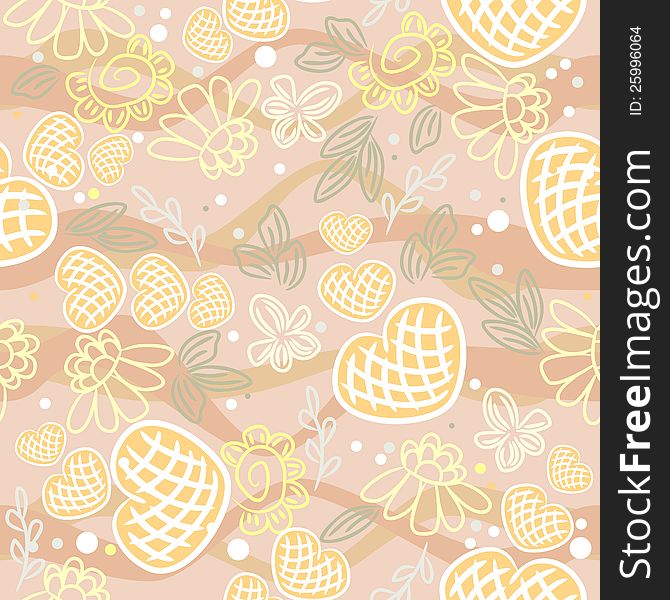 Floral seamless background with doodle hearts and dots. Floral seamless background with doodle hearts and dots