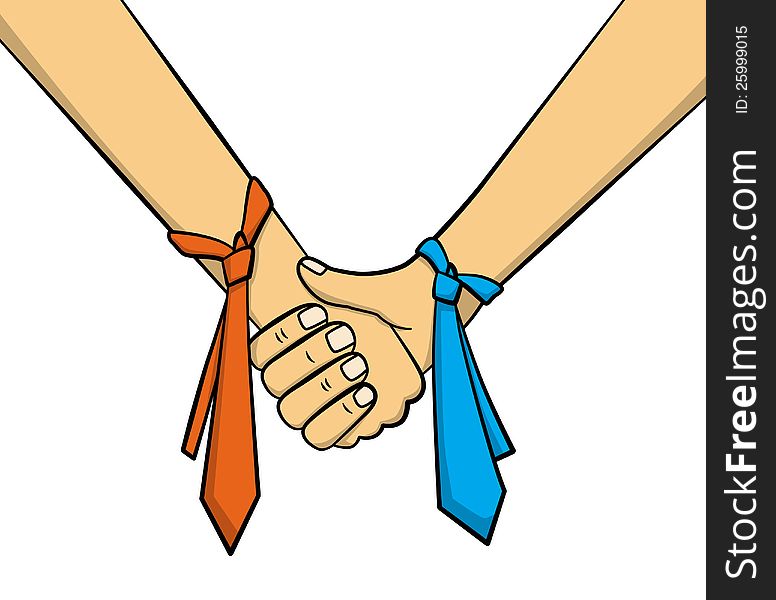 Two arms shaking hands with neckties tied on them. Two arms shaking hands with neckties tied on them