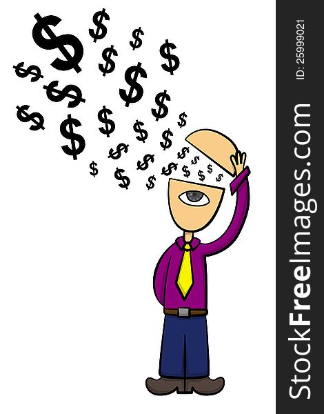 An abstract cartoon man with dollar signs coming out of his open head. An abstract cartoon man with dollar signs coming out of his open head