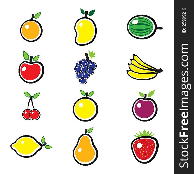 Collection of fresh, colorful and organic summer fruits illustration. The fruits include mango, apple, banana, etc. Collection of fresh, colorful and organic summer fruits illustration. The fruits include mango, apple, banana, etc