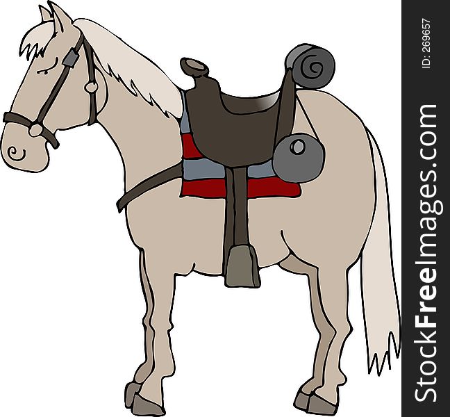 This illustration depicts a beige horse with a saddle. This illustration depicts a beige horse with a saddle.