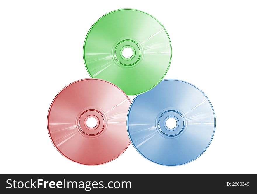 Three compact discs on a white background close up