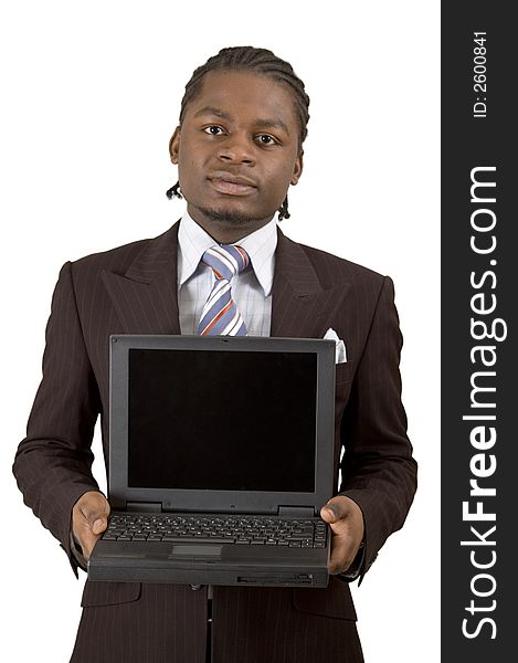 This is an image of a businessman presenting a laptop. Designers can embed an image into the blank screen. This image can represents advertising themes. This is an image of a businessman presenting a laptop. Designers can embed an image into the blank screen. This image can represents advertising themes.