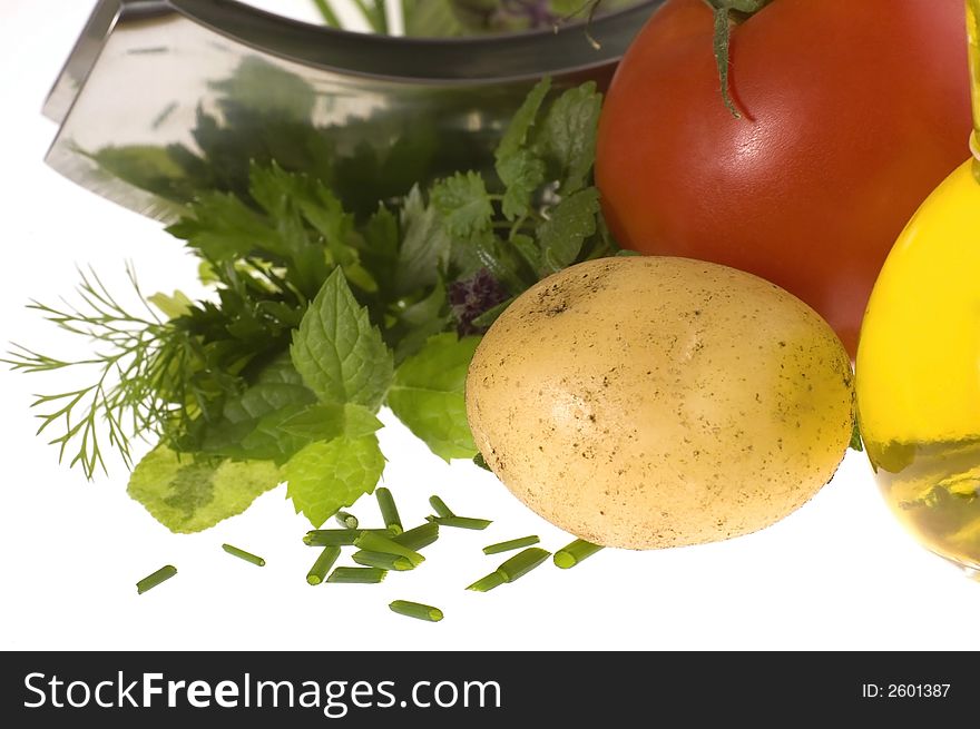 Fresh herbs, vegetables, salt and mezzaluna. isolated on the white background. Fresh herbs, vegetables, salt and mezzaluna. isolated on the white background