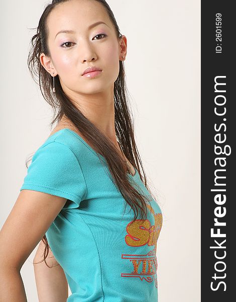 Modern Chinese girl in blue T-shirt