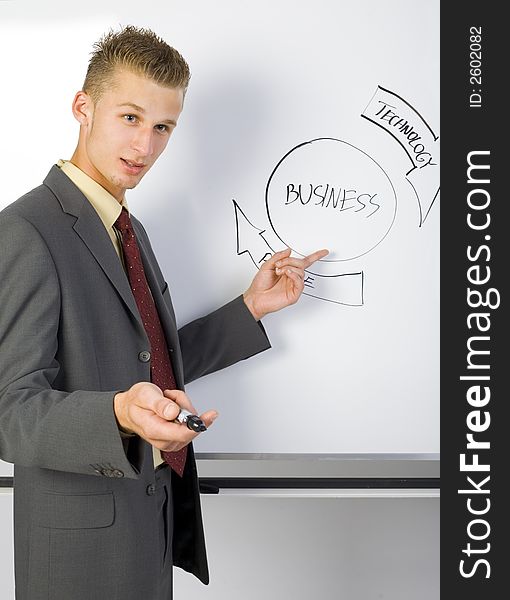 Young businessman standing in front of the blackboard. Showing the graph and holding marker. Gray background. Young businessman standing in front of the blackboard. Showing the graph and holding marker. Gray background