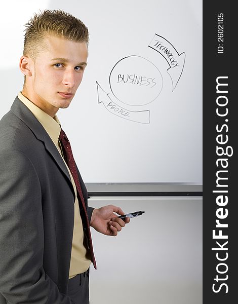 Young businessman standing in front of the blackboard. Holding marker. Looking at camera, gray background. Young businessman standing in front of the blackboard. Holding marker. Looking at camera, gray background