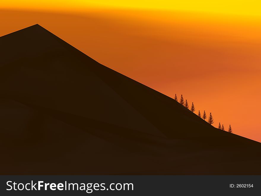 3D-render  trees and sunset silhouette
