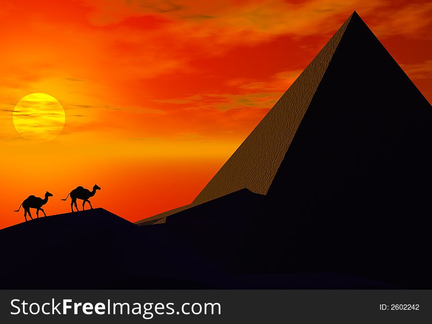 3D render of camel and sunset