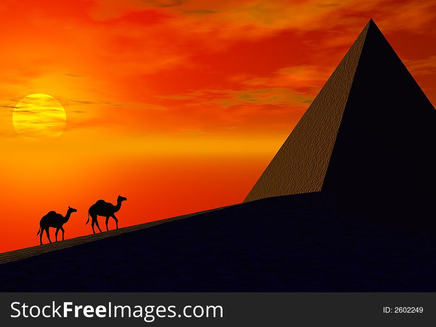 3D render of camel and sunset