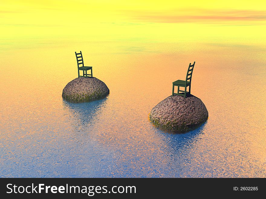 A 3D render chairs and rocks