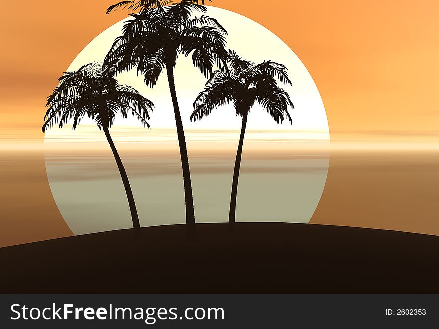 3D-render palm trees and sunset silhouette