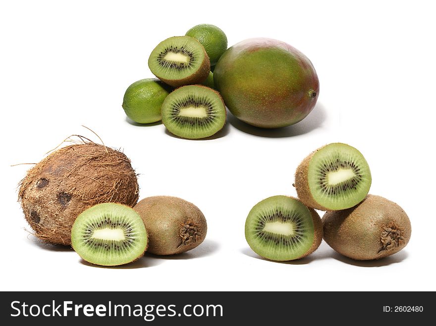 Kiwi, grapefruit, lime and coco isolated on white. Kiwi, grapefruit, lime and coco isolated on white