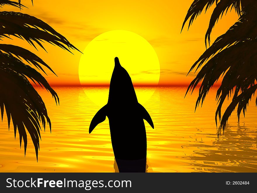 3D render of dolphins and sunset