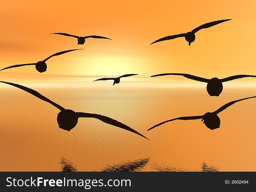 3D render of seagulls and sunset