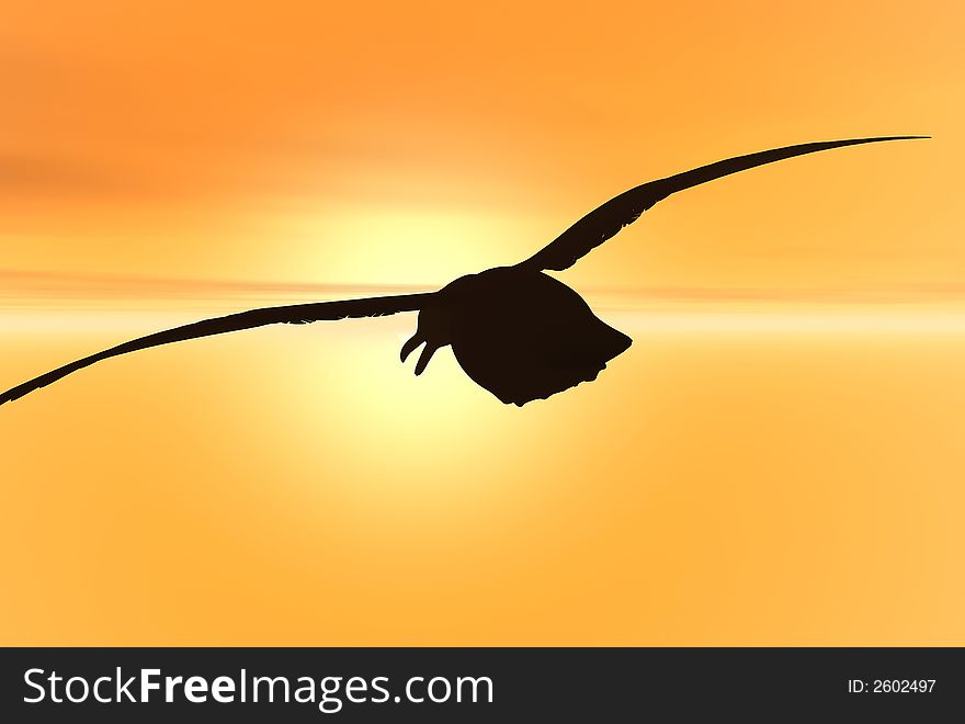 3D render of seagulls and sunset