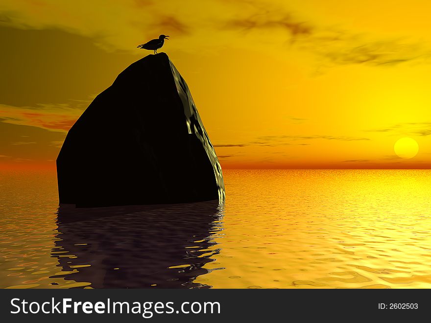 3D render of seagulls and sunset