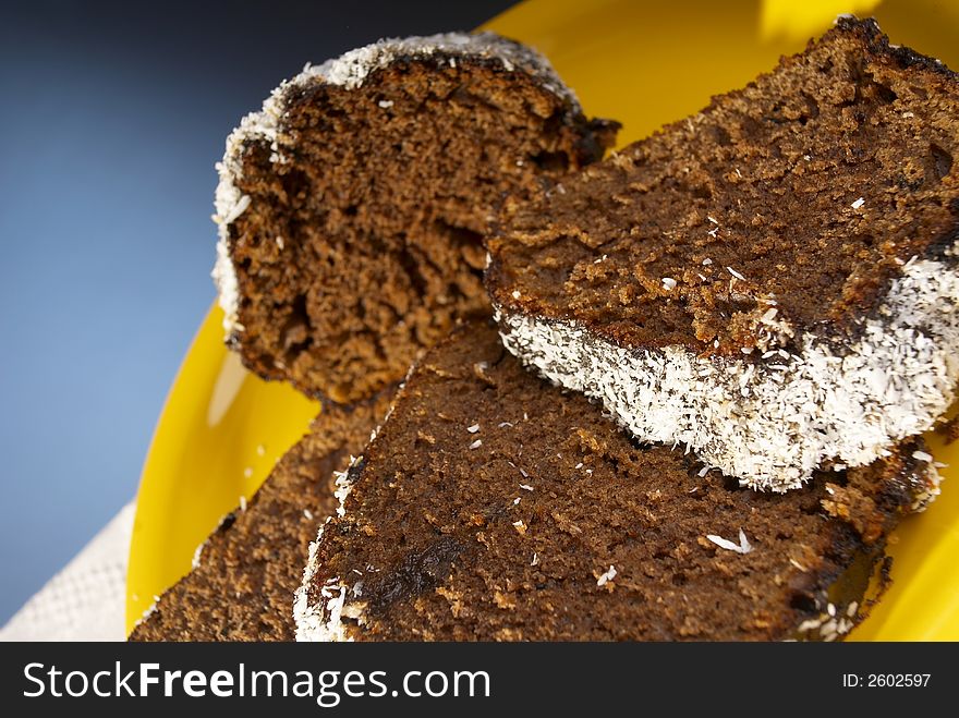 Fresh cocoa baked cake with coconut