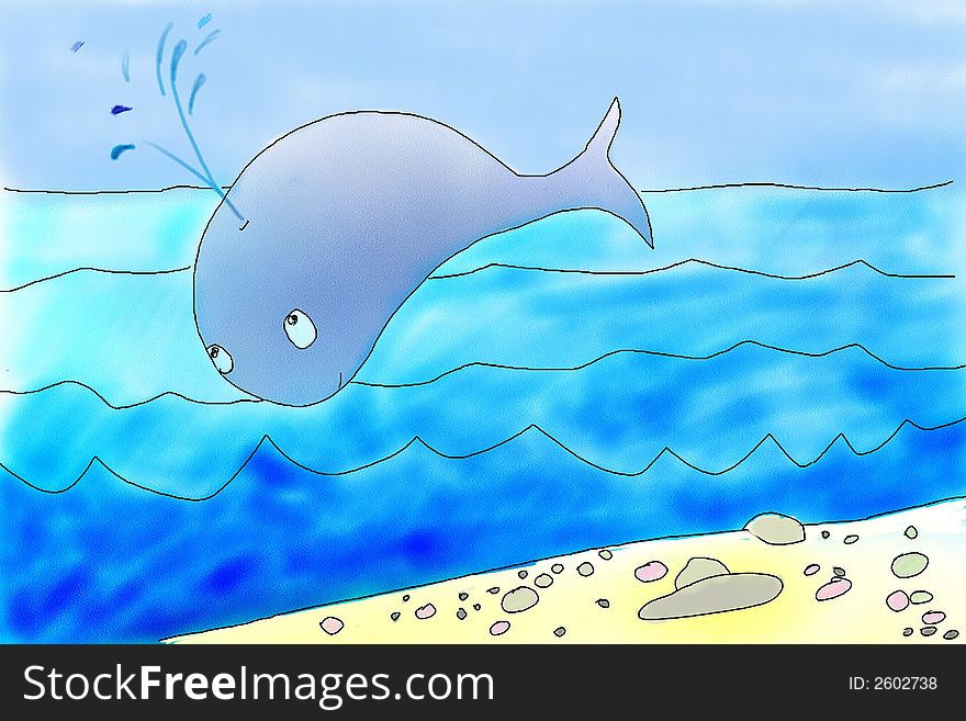 Blue whale jumps over the ocean. Cetus jump. Hand drawing. Illustration.