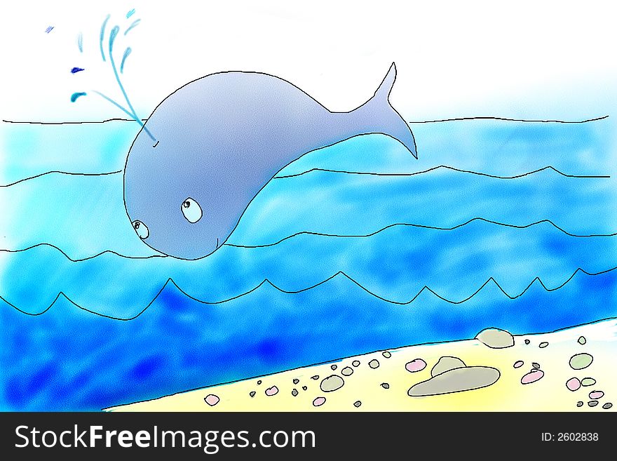 Blue whale jumps over the ocean. Cetus jump. Hand drawing. Illustration.