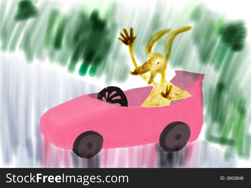 Happy dog drives pink car. Happy dog drives pink car