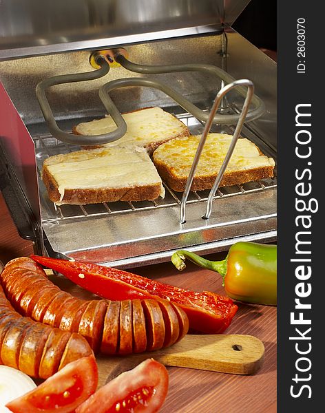 Grilled sausage with fresh vegetables and party grill