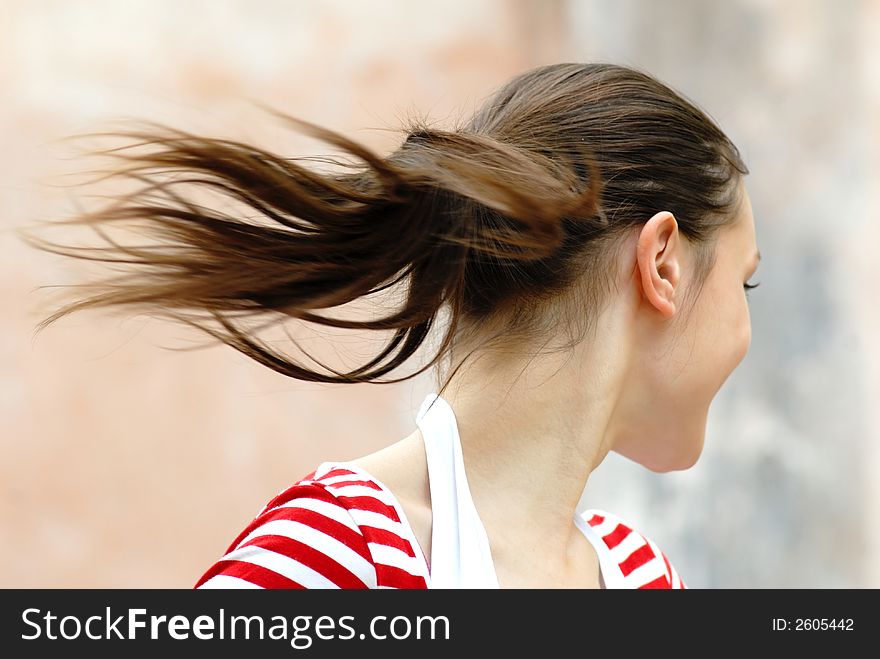 Close up, developing hair of girl in movement. Close up, developing hair of girl in movement