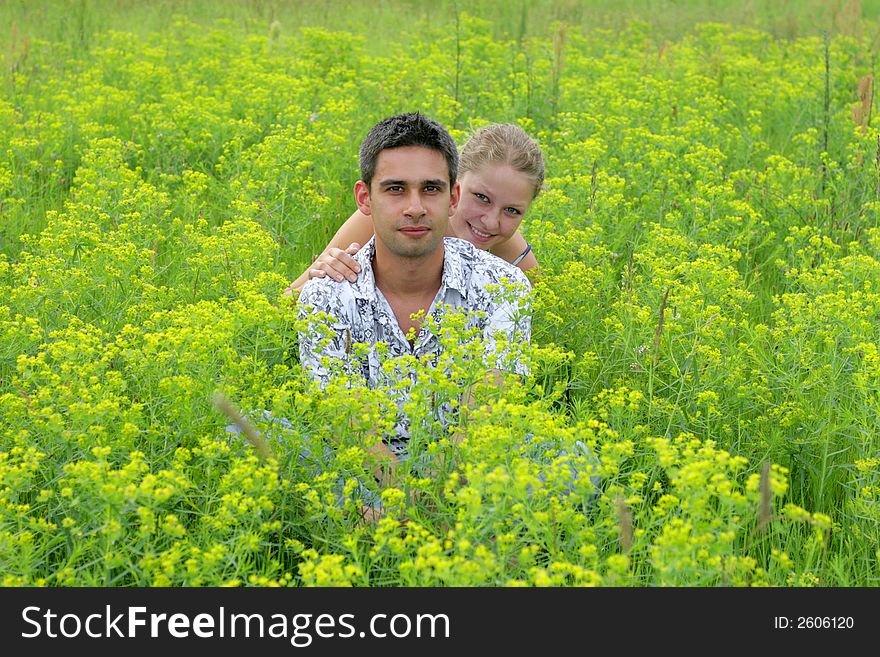 Young smiling couple in the green grass field. Young smiling couple in the green grass field