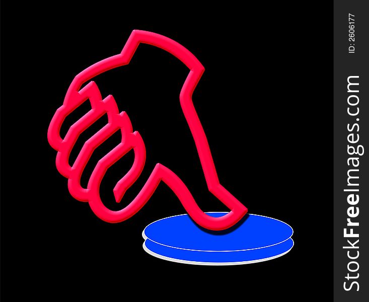 Brightly colored two dimensional simple illustration of A thumb on an outlined hand pushing a button. Brightly colored two dimensional simple illustration of A thumb on an outlined hand pushing a button.