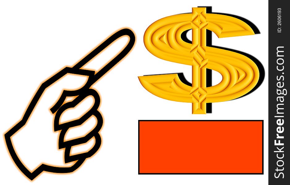 A hand with a finger pointing at an elaborate dollar sign. A space underneath the dollar for adding text. A hand with a finger pointing at an elaborate dollar sign. A space underneath the dollar for adding text