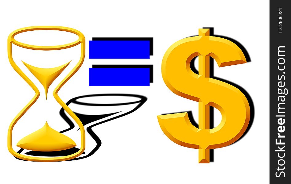 Time is money, An hourglass to represent time, an equal sign and a dollar sign to represent money.