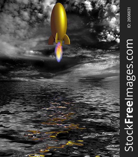 Colorized rocket in black and white landscape