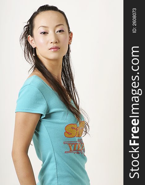 Modern Chinese girl in blue T-shirt
