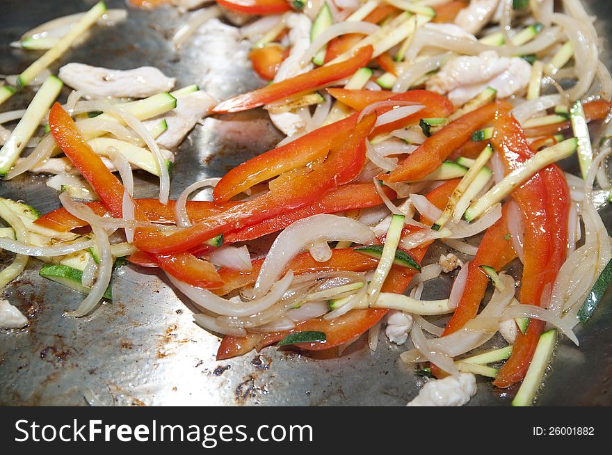 Cooking vegetables in a metal pan. Cooking vegetables in a metal pan