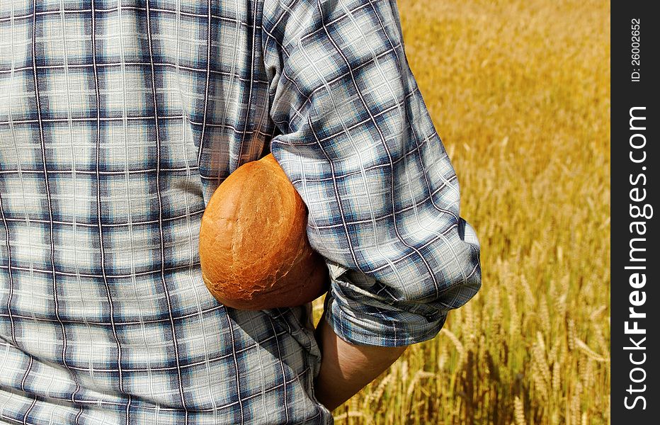 Man stay at the field with bread. Man stay at the field with bread.