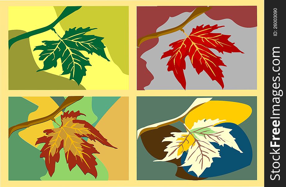 Four stylized leaves of maple on colorful background. Four stylized leaves of maple on colorful background