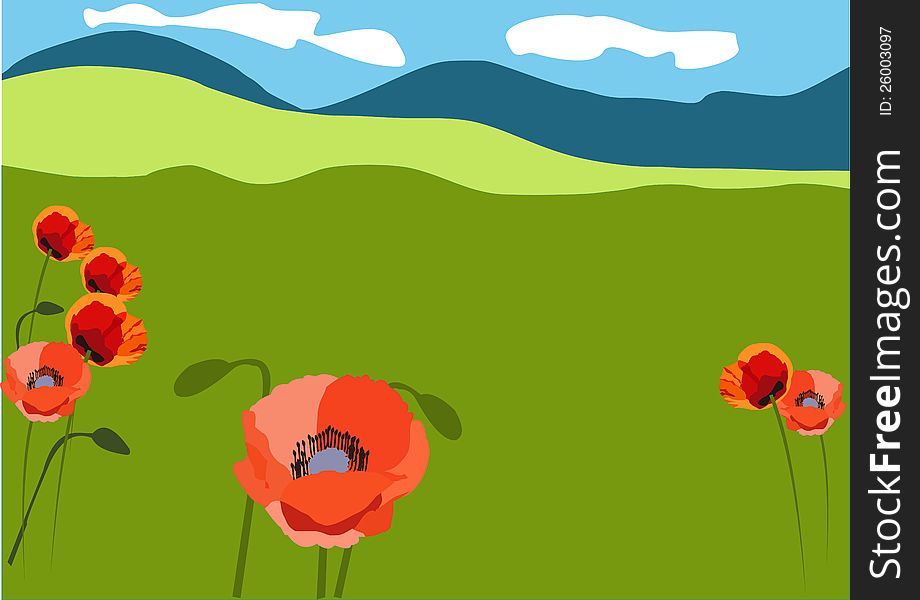 Landscape with red poppies on the meadows. Landscape with red poppies on the meadows