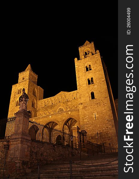 Famous cathedral of Cefalu in Sicily at night , detail taken from town square. Famous cathedral of Cefalu in Sicily at night , detail taken from town square