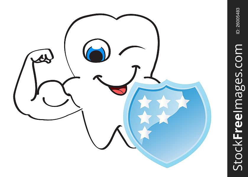 Strong tooth character with winking eye and protective shield