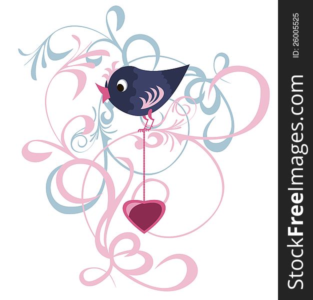 Decorative items for Valentine design with a bird and the symbolic heart. Decorative items for Valentine design with a bird and the symbolic heart.