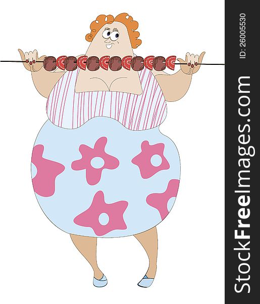 The comic image of a woman with a thick barbecue in her hands